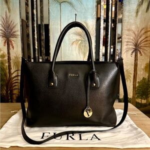 Furla Black Crossgrain Leather Medium Linda Carryall Shoulder Tote Bag